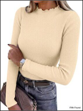Women's Long Sleeve Mock Neck Ribbed Knit Top with Lettuce Trim, Slim Fit